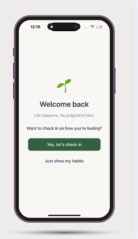 Tend welcome screen showing gentle check-in